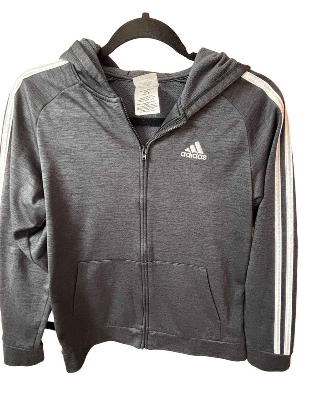Adidas Boys L 14/16 Gray 3 Stripe Full Zip Fleece Hoodie Jacket